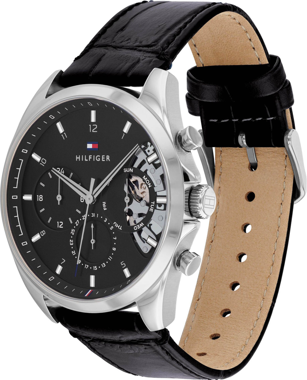 Reloj de hombre Tommy Hilfiger Baker 1710449 con caja de acero inoxidable plateada, dial negro con maquinaria a la vista y correa de cuero negro.