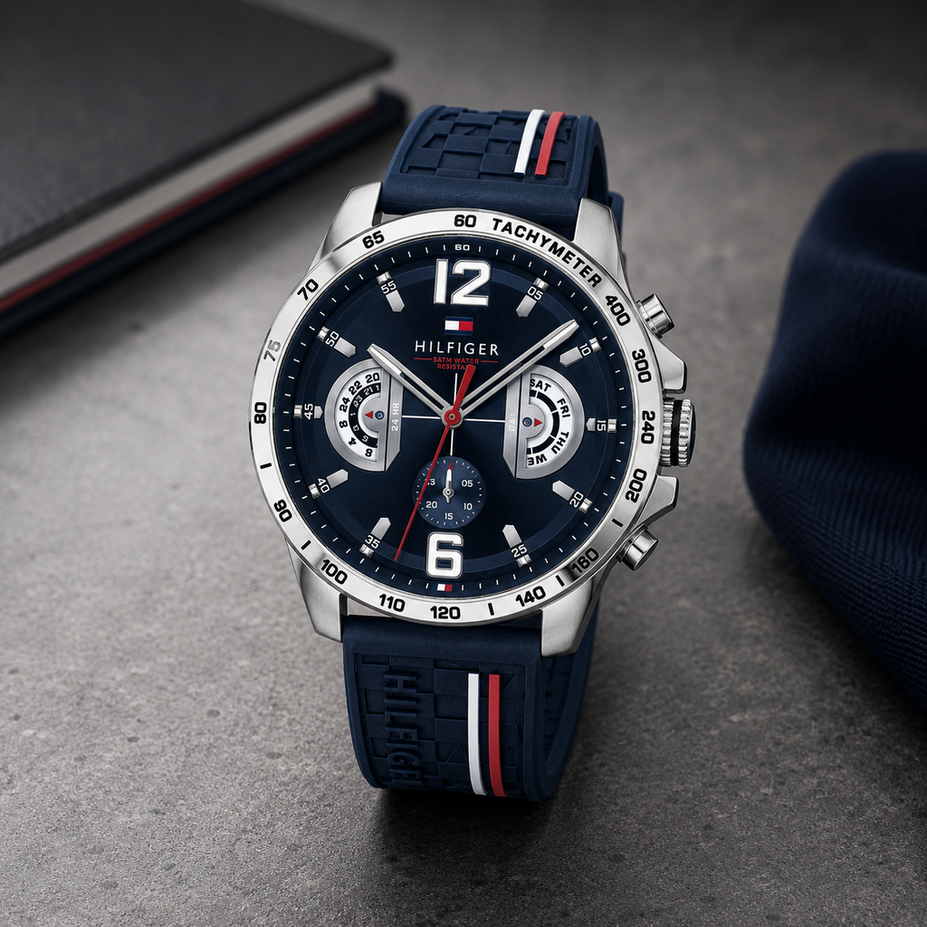  Reloj de hombre Tommy Hilfiger Decker 1791476 de acero inoxidable con esfera azul oscuro, correa de silicona azul marino y detalles de la bandera de la marca.