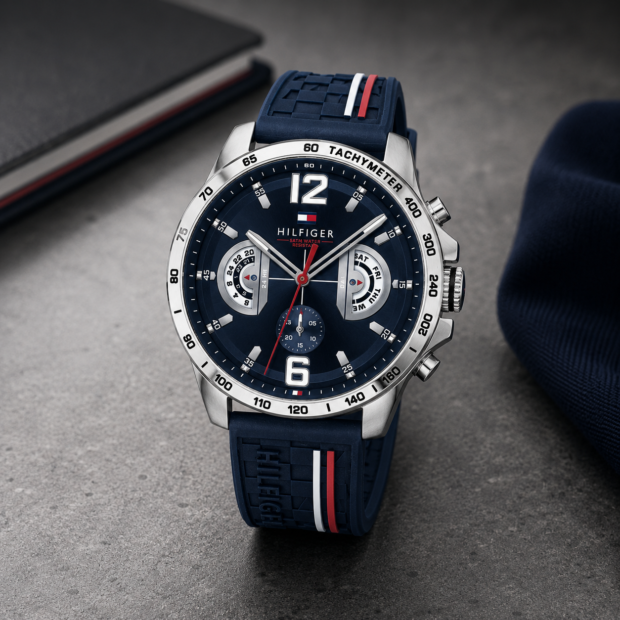  Reloj de hombre Tommy Hilfiger Decker 1791476 de acero inoxidable con esfera azul oscuro, correa de silicona azul marino y detalles de la bandera de la marca.
