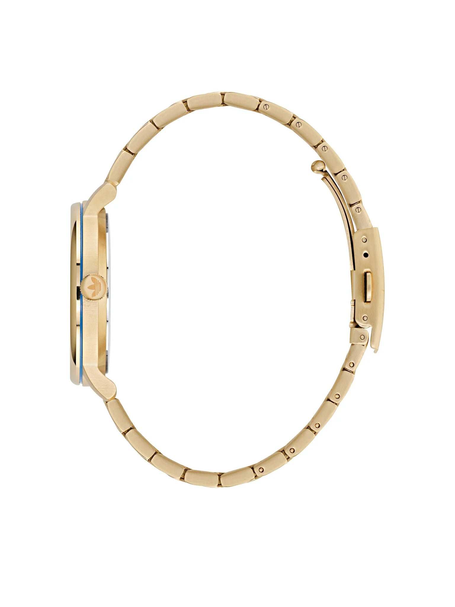 Reloj de mujer Adidas Code One AOSY22024 con caja y brazalete articulado de acero en tonalidad áurea y dial minimalista color champagne satinado. lateral