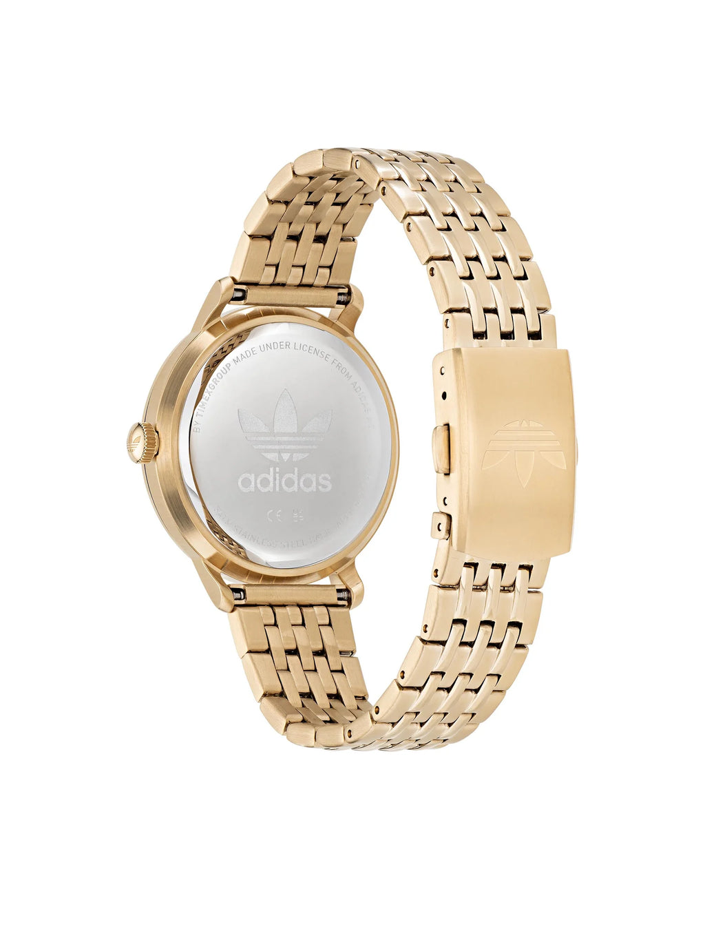 Reloj de mujer Adidas Code One AOSY22024 con caja y brazalete articulado de acero en tonalidad áurea y dial minimalista color champagne satinado. trasera