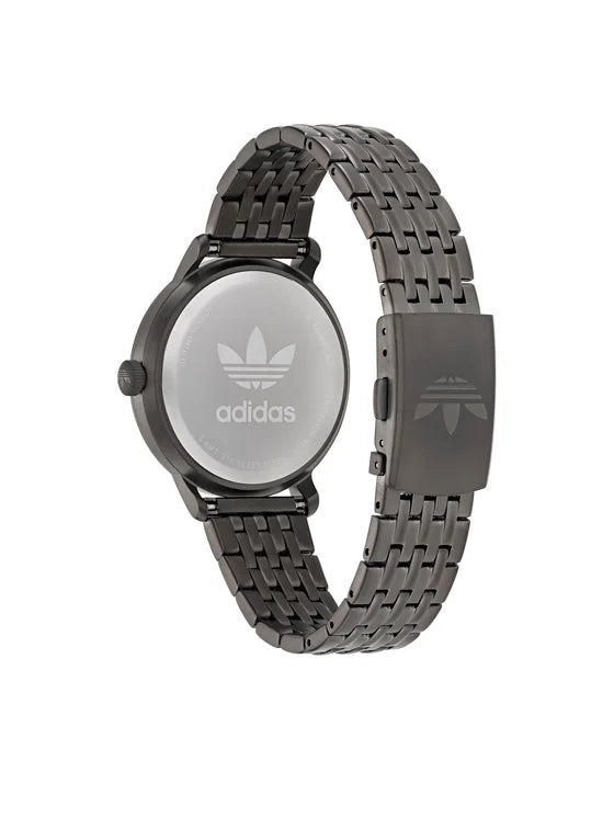 Reloj de mujer Adidas Code One AOSY22023 con caja ultraplana de acero gris antracita, dial negro minimalista con segundero azul y brazalete de eslabones articulados. trasera