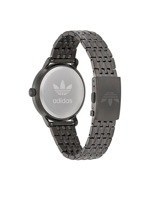 Reloj de mujer Adidas Code One AOSY22023 con caja ultraplana de acero gris antracita, dial negro minimalista con segundero azul y brazalete de eslabones articulados. trasera