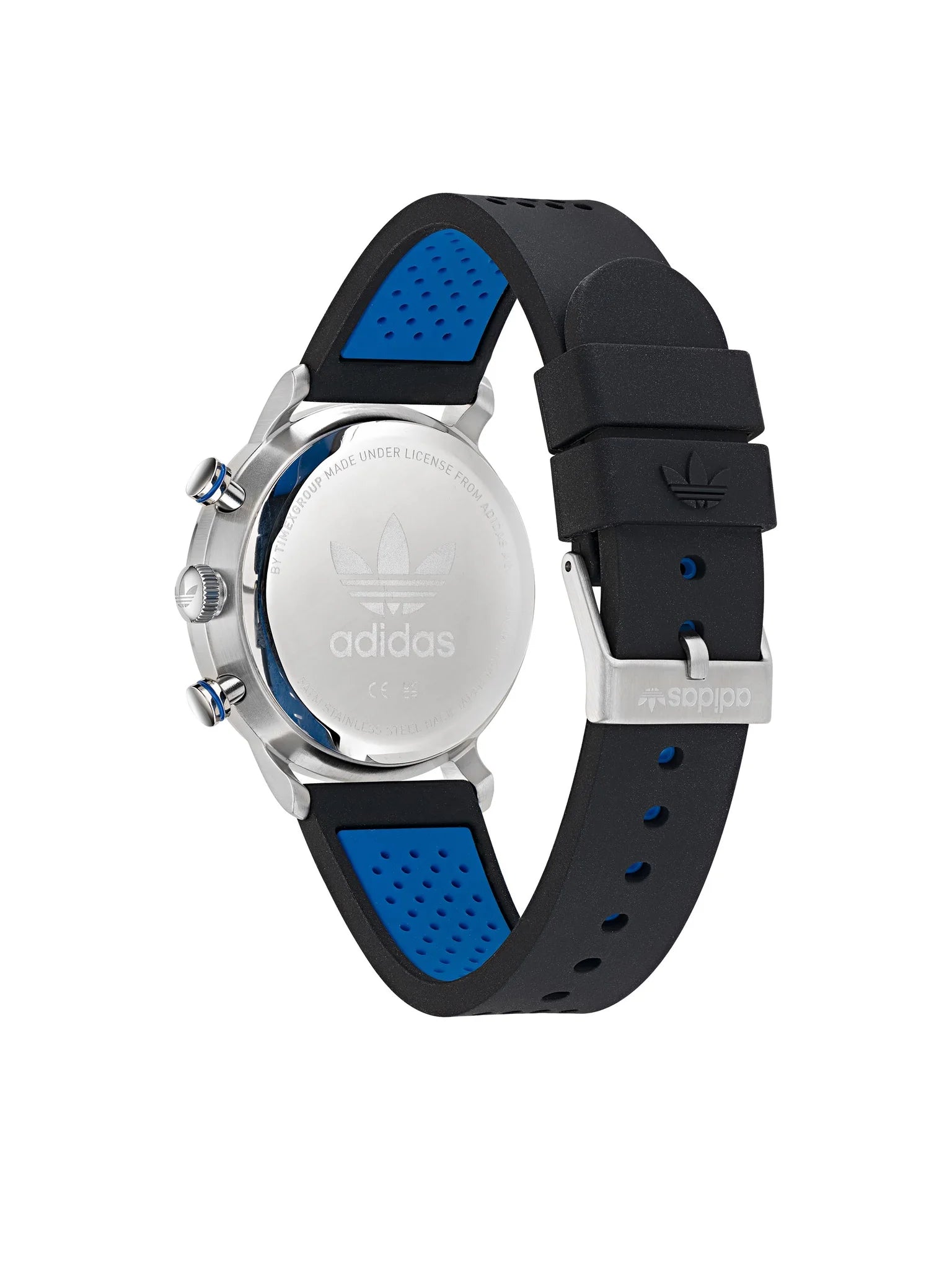 Cronógrafo urbano Adidas Code One Chrono AOSY22014 con caja de acero plateado, esfera blanca con tres subesferas y correa de silicona negra perforada.