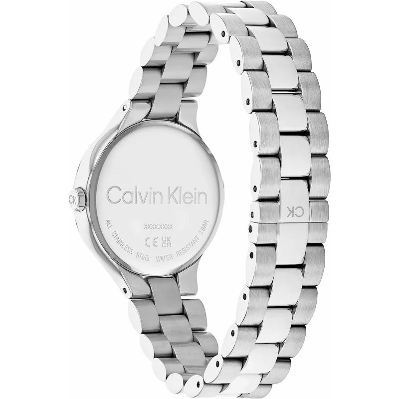 Reloj de mujer Calvin Klein Timeless 25200129 de acero inoxidable plateado con esfera oro rosa satinada e índices numéricos estilizados.