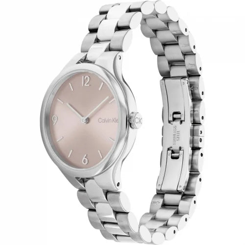 Reloj de mujer Calvin Klein Timeless 25200129 de acero inoxidable plateado con esfera oro rosa satinada e índices numéricos estilizados.