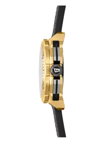 Reloj cronógrafo para hombre Festina Chrono Bike F20728/3 de acero inoxidable dorado con bisel deportivo y correa híbrida negra sobre piedra volcánica.