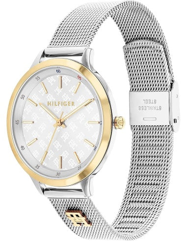  Reloj de mujer Tommy Hilfiger Iris 1782586 bicolor plateado y dorado con esfera blanca grabada con el monograma TH y correa de malla milanesa. lateral