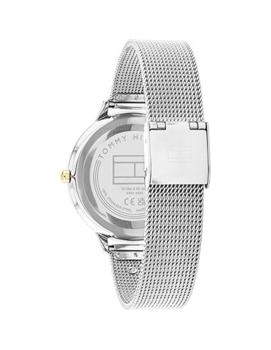  Reloj de mujer Tommy Hilfiger Iris 1782586 bicolor plateado y dorado con esfera blanca grabada con el monograma TH y correa de malla milanesa. trasera