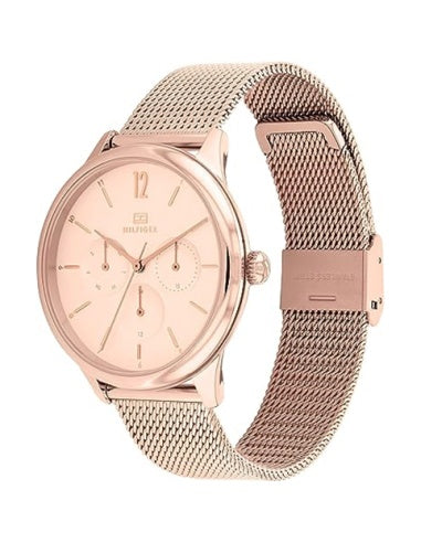  Reloj de mujer Tommy Hilfiger Layla 1782457 de acero inoxidable color oro rosa con correa de malla milanesa y tres subesferas multifunción.