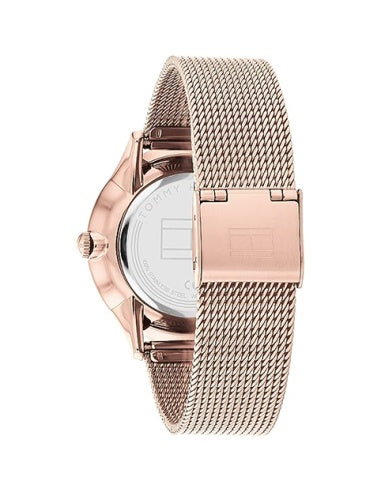  Reloj de mujer Tommy Hilfiger Layla 1782457 de acero inoxidable color oro rosa con correa de malla milanesa y tres subesferas multifunción. trasera