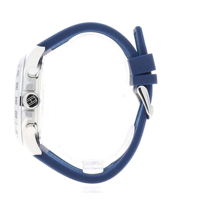  Reloj de hombre Tommy Hilfiger Decker 1791476 de acero inoxidable con esfera azul oscuro, correa de silicona azul marino y detalles de la bandera de la marca. lateral